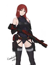  armor belt_pouch black_gloves black_leotard black_thighhighs commentary commission corrupted_twitter_file covered_navel elbow_gloves english_commentary english_text female gloves gun head_tilt highleg highleg_leotard highres holding holding_gun holding_weapon leotard long_hair looking_at_viewer mp-155 original pouch red_eyes red_hair seilindekos shotgun simple_background smile solo thigh_pouch thighhighs weapon white_background 