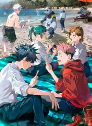  absurdres asphyxiation beach beach_chair beach_mat beach_umbrella black_hair black_pants blonde_hair brown_hair collared_shirt commentary dagon_(jujutsu_kaisen) drowning food food_in_mouth fushiguro_megumi getou_suguru getou_suguru_(kenjaku) gojou_satoru green_hair hands_in_pockets happy highres hood hoodie inumaki_toge itadori_yuuji jewelry jogo_(jujutsu_kaisen) jujutsu_kaisen kugisaki_nobara kyuuba_melo long_hair looking_at_another looking_at_object looking_to_the_side mahito_(jujutsu_kaisen) medium_hair multicolored_hair multiple_boys multiple_girls nanami_kento necklace open_mouth outdoors panda panda_(jujutsu_kaisen) pants pink_hair ponytail popsicle popsicle_in_mouth popsicle_stick red_footwear red_hoodie sand scarf shirt short_hair shorts sitting spiked_hair stick stitches sunglasses symbol-only_commentary topless_male two-tone_hair umbrella volleyball water white_hair white_shirt zen&#039;in_maki 