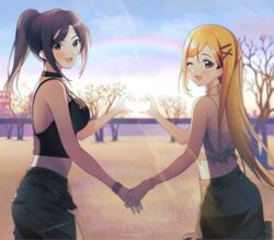  2girls :d bare_shoulders black_choker black_pants black_skirt blonde_hair blue_sky bracelet breasts brown_eyes brown_hair choker cloud day fujimoto_rina hair_ornament hairclip heart heart_hands heart_hands_duo highres holding_hands idolmaster idolmaster_cinderella_girls jewelry large_breasts long_hair looking_at_viewer looking_back midriff mukai_takumi multiple_girls one_eye_closed outdoors pants ponytail purple_eyes rainbow shangzi shirt skirt sky smile twitter_username white_shirt 