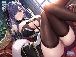  ass august_von_parseval_(azur_lane) azur_lane bare_shoulders between_breasts black_dress black_horns blue_eyes breasts cleavage clothing_cutout couch crossed_legs curled_horns curtains detached_collar detached_sleeves dress dutch_angle female fur_trim gloves hair_over_one_eye highres horns indoors large_breasts long_hair long_sleeves looking_at_viewer mechanical_horns no_bra non-web_source official_alternate_costume on_couch one_eye_covered parted_lips plant potted_plant purple_hair sitting solo thighhighs thighs very_long_hair white_gloves wide_sleeves window xe_(execut3r) yostar 