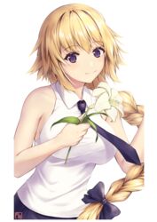  bare_arms bare_shoulders blonde_hair blush bow braid braided_ponytail breasts collared_shirt enchuu_kakiemon fate/apocrypha fate/grand_order fate_(series) female flower hair_ornament hairbow highres holding holding_flower jeanne_d&#039;arc_(fate) jeanne_d&#039;arc_(girl_from_orleans)_(fate) large_breasts long_hair looking_at_viewer necktie purple_eyes shirt simple_background smile solo upper_body white_background white_shirt 