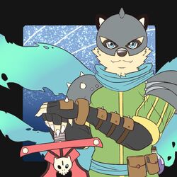  1:1 2023 anthro armor blue_eyes bone cape clothed clothing colored cute_fangs digital_media_(artwork) front_view fully_clothed fur gauntlets gloves green_clothing handwear headgear helmet hi_res leaning_on_object male mammal markings melee_weapon pose potion pouch_(clothing) procyonid raccoon shoulder_guards simple_background skull smile solo spikes standing super-nova swaggy_tamago sword torn_cape torn_clothing weapon yellow_body yellow_fur 