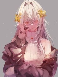  artist_name breasts brown_jacket dokuro_deluxe english_text female flower glasses grey_background hair_flower hair_ornament halterneck head_tilt highres holding holding_pen indie_virtual_youtuber jacket medium_breasts off_shoulder pen sleeveless sleeveless_sweater smile solo sweater the_cecile_(vtuber) upper_body virtual_youtuber yellow_eyes yellow_flower 