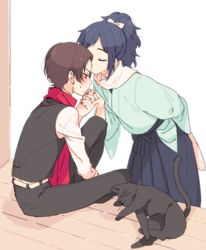  2boys black_cat black_hair black_pants blush brown_hair closed_eyes earrings feline hakama hakama_skirt holding_hands japanese_clothes jewelry kashuu_kiyomitsu kissing kissing_forehead male_focus mole mole_under_eye multiple_boys pants plico_(nicoma) ponytail red_eyes red_nails red_scarf scarf sitting skirt touken_ranbu waistcoat white_scarf yamato-no-kami_yasusada yaoi 