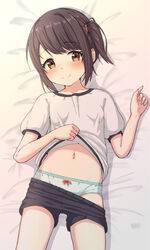  absurdres bed_sheet black_shorts blush bow bow_panties brown_eyes brown_hair closed_mouth clothes_lift clothes_pull collarbone commentary_request female green_panties groin gym_shirt gym_shorts gym_uniform hands_up highres hippo_(hirople) lifted_by_self lying navel on_back original panties puffy_short_sleeves puffy_sleeves shirt shirt_lift short_shorts short_sleeves shorts shorts_pull side_ponytail smile solo underwear white_shirt 