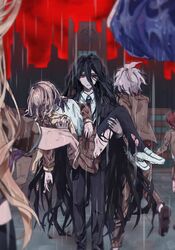  black_hair black_jacket black_necktie black_pants blood brown_jacket brown_skirt building carrying closed_mouth collared_shirt danganronpa_(series) danganronpa_3_(anime) formal from_behind geruidoshifa grey_hair hope&#039;s_peak_academy_school_uniform jacket kamukura_izuru koizumi_mahiru komaeda_nagito long_hair looking_at_viewer medium_hair nanami_chiaki neck_ribbon necktie no_hair_ornament open_clothes open_jacket outdoors pants pleated_skirt princess_carry rain red_hair red_ribbon red_sky ribbon school school_uniform shirt shoes short_hair skirt sky spoilers standing suit thighhighs torn_clothes torn_thighhighs white_footwear white_shirt 