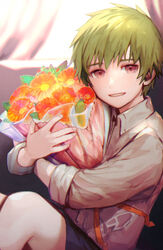  1boy bad_id bad_pixiv_id bouquet brown_eyes commentary flower green_hair holding holding_bouquet indoors looking_at_viewer male_focus original penguu_(green528) shirt short_hair shorts sitting smile solo symbol-only_commentary 