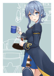  blue_background blue_eyes blue_hair border coffee coffee_mug coffee_pot collared_shirt cup duplicate female gloves gotland_(kancolle) gotland_andra_(kancolle) hair_bun half_gloves highres kantai_collection kodama_(mmt_uf) long_hair looking_at_viewer military military_uniform mole mole_under_eye mug pixel-perfect_duplicate shirt single_hair_bun solo thighhighs two-tone_background uniform white_border 