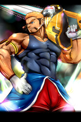  1boy bara bare_shoulders black_tank_top brown_hair bulge chainsaw cigar clothes_around_waist covered_abs covered_navel dark-skinned_male dark_skin doro_rich facial_hair feet_out_of_frame frown gloves goatee gyee highres holding holding_weapon jacket jacket_around_waist large_pectorals long_sideburns male_focus mature_male muscular muscular_male orange_hair over_shoulder pants pectoral_cleavage pectorals rand_(gyee) red_pants short_hair sideburns sidepec smile smoking solo tank_top weapon weapon_over_shoulder white_gloves 