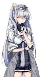  absurdres black_gloves breasts checkered_clothes checkered_legwear closed_mouth clothes_writing female fuyutsuki_(kancolle) gloves grey_eyes grey_neckerchief grey_shawl hachimaki hair_between_eyes headband headgear highres himura_moritaka kantai_collection long_hair looking_at_viewer neckerchief one_eye_closed one_side_up pleated_skirt sailor_collar school_uniform serafuku shawl silver_legwear simple_background skirt solo very_long_hair white_background white_headband white_sailor_collar 