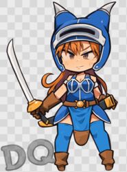  armlet armor blue_armor breasts brown_eyes brown_gloves brown_hair checkered_background chibi cleavage closed_mouth daisy_(dq) dragon_quest dragon_quest_yuusha_abel_densetsu fake_horns female full_body gloves helmet horned_helmet horns ibara. long_hair looking_at_viewer smile solo sword thighhighs weapon 