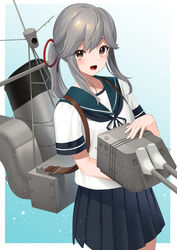  :d akagi_kurage black_skirt blue_neckwear blue_sailor_collar breasts brown_eyes cowboy_shot female grey_hair hair_ribbon highres kantai_collection long_hair looking_at_viewer machinery open_mouth pleated_skirt ponytail ribbon rigging sailor_collar school_uniform serafuku short_sleeves sidelocks skirt smile smokestack solo turret usugumo_(kancolle) 