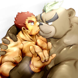  2boys animal_ears arm_grab ashigara_(housamo) bara bear_boy bear_ears brown_fur brown_hair completely_nude doro_rich facial_hair from_side furry furry_male furry_with_non-furry goatee green_hair hand_gesture interspecies kissing large_pectorals male_focus mature_male multiple_boys muscular muscular_male nude pectorals scar scar_on_cheek scar_on_face short_hair sideburns smile stubble tamamura_gunzo thick_eyebrows tokyo_afterschool_summoners upper_body veins yaoi 