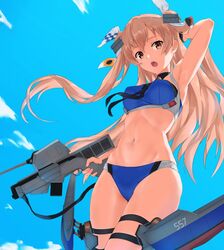  adapted_turret arm_behind_head arm_up armpits bikini black_gloves blue_bikini breasts brown_eyes cowboy_shot female gloves gun hair_ribbon holding holding_weapon johnston_(kancolle) johnston_kai_(swimsuit_mode)_(kancolle) kantai_collection leg_belt light_brown_hair long_hair looking_at_viewer machinery medium_breasts multicolored_ribbon navel open_mouth ribbon single_glove sky stomach swimsuit tsukira_(amayadori) turret two_side_up weapon white_ribbon 