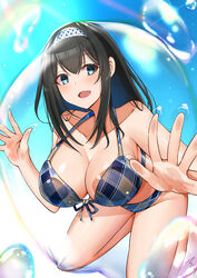  :d absurdres bare_shoulders bikini black_hair blue_bikini blue_eyes blush breasts bubble cleavage collarbone commentary_request female front-tie_bikini_top front-tie_top hairband hanging_breasts highres idolmaster idolmaster_cinderella_girls large_breasts long_hair looking_at_viewer mabanna plaid plaid_bikini sagisawa_fumika smile solo swimsuit white_hairband 