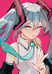  absurdres aqua_eyes aqua_hair aqua_necktie bare_shoulders black_sleeves blurry collared_shirt commentary depth_of_field detached_sleeves english_commentary female frilled_shirt_collar frills furirikkuru grey_shirt hair_between_eyes hair_ornament hatsune_miku highres long_bangs long_hair looking_at_viewer necktie parted_lips pink_background shirt solo tie_clip twintails upper_body vocaloid w 