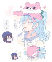  2girls aoiro_050 bang_dream! black_hair blue_hair blush character_hair_ornament check_translation chibi grey_eyes hair_ornament highres light_blue_hair long_hair matsubara_kanon medium_hair michelle_(bang_dream!) multiple_girls open_mouth purple_eyes translation_request white_background 