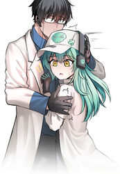  ! !! 1boy antonina_(neural_cloud) aqua_hair baseball_cap black_gloves black_hair blue_shirt collared_shirt commentary cowboy_shot earpiece english_commentary female girls&#039;_frontline girls&#039;_frontline_neural_cloud glasses gloves grabbing_another&#039;s_arm hand_on_another&#039;s_head hat headphones highres lab_coat long_hair male_professor_(neural_cloud) open_mouth professor_(neural_cloud) pulling senpaihawkkun shirt short_hair simple_background size_difference skull_print straight surprised sweatdrop white_background white_headwear yellow_eyes 