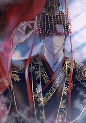  1boy artist_name black_hair blurry chains chinese_clothes crown_hair_ornament curtains guan_hat hair_ornament hanfu highres jiaoling_ruqun korean_commentary long_sleeves longpao looking_at_viewer male_focus mc_macchi mian_guan original short_hair smile transparent upper_body 