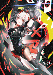  &gt;_&lt; :d absurdres ambience_synesthesia antenna_hair arknights black_background black_footwear black_gloves black_hair black_shirt boots breasts brown_pantyhose card chromatic_aberration commentary_request demon_girl demon_horns demon_tail female foot_out_of_frame gloves gradient_hair high_heel_boots high_heels highres horns large_breasts lens_flare looking_at_viewer multicolored_background multicolored_hair pantyhose pointing pointing_at_viewer red_background red_hair red_skirt shirt signature skirt smile sparkle tail thigh_boots tight_clothes torn_clothes torn_pantyhose w_(arknights) w_(wanted)_(arknights) white_hair xd yellow_eyes ymyz 