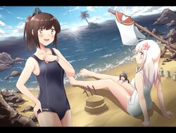  3girls ahoge any_(lucky_denver_mint) ass bare_arms bare_legs bare_shoulders barefoot beach blue_sky blush bracelet breasts brown_eyes brown_hair cloud collarbone commentary_request day fairy_(kancolle) flower hair_flower hair_ornament hairclip hand_on_own_hip horizon i-401_(kancolle) jewelry kantai_collection long_hair looking_at_viewer multiple_girls ocean one-piece_swimsuit one-piece_tan open_mouth orange_sailor_collar outdoors palm_tree ponytail ro-500_(kancolle) rock sailor_collar sand school_swimsuit short_hair short_ponytail side-tie_shirt sitting sky smile standing swimsuit tan tanlines tree water 