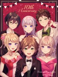  3boys 3girls :d ahoge akamatsu_kaede alternate_costume anniversary arm_behind_back bad_arm bangs banned_artist bare_shoulders black_bow black_jacket black_neckwear black_suit blonde_hair blunt_bangs blush bow bowtie braid breasts brown_hair collar collarbone collared_shirt commentary_request danganronpa:_trigger_happy_havoc danganronpa_(series) danganronpa_10th_anniversary_costume danganronpa_2:_goodbye_despair danganronpa_v3:_killing_harmony dress dress_flower flower formal framed green_eyes green_shirt hair_between_eyes hair_bun hair_flower hair_ornament hair_ribbon hairclip highres hinata_hajime jacket kirigiri_kyouko long_hair long_sleeves looking_at_viewer medium_breasts multiple_boys multiple_girls musical_note_hair_ornament nabekokoa naegi_makoto nanami_chiaki off-shoulder_dress off_shoulder official_alternate_costume open_clothes open_mouth pink_dress pink_eyes pink_flower pointing pointing_at_self purple_eyes purple_hair red_background red_collar red_dress red_flower repost_notice ribbon saihara_shuuichi shiny shiny_hair shirt short_hair side_braid single_braid smile striped striped_background suit twitter_username two-tone_dress upper_body upper_teeth vest white_dress white_jacket white_shirt white_suit 