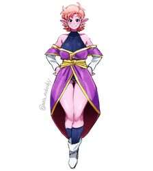  aka_nobodyy ass_visible_through_thighs bare_shoulders black_eyes boots breasts chronoa colored_skin dragon_ball dragon_ball_xenoverse earrings female floating full_body grin hands_on_own_hips highres jewelry light_blush looking_at_viewer orange_hair pink_skin pointy_ears potara_earrings prototype_design short_hair simple_background smile twitter_username white_background white_footwear 