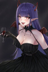  absurdres akuma_nihmune alcohol artist_name bat_wings black_dress black_gloves black_nails breasts cleavage commentary cup demon_horns dress drinking_glass earrings elbow_gloves english_commentary facial_tattoo fangs female fingerless_gloves gloves heart heart_tattoo highres holding holding_cup horns indie_virtual_youtuber jewelry large_breasts long_hair looking_at_viewer mole mole_under_eye nail_polish open_mouth pointy_ears purple_hair red_eyes single_earring solo tattoo vampire virtual_youtuber wine wine_glass wings yiotaart 