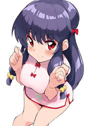  bad_id bad_twitter_id breasts china_dress chinese_clothes commentary double_bun dress female from_above hair_bun kekemotsu large_breasts long_hair looking_at_viewer pink_dress purple_hair ranma_1/2 red_eyes shampoo_(ranma_1/2) short_dress simple_background solo standing white_background 