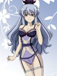  anime_coloring bad_id bad_pixiv_id blue_hair breasts brown_eyes cleavage commentary_request female floral_background frills garter_straps hat kamishirasawa_keine legband lingerie long_hair lunamoon_(style) medium_breasts remyfive solo strap_pull tokin_hat touhou underwear 