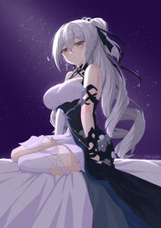  absurdres aged_up bare_shoulders black_dress breasts bronya_zaychik bronya_zaychik_(silverwing:_n-ex) brown_eyes diaoyidimaomao dress earrings expressionless female grey_hair hair_bun highres honkai_(series) honkai_impact_3rd jewelry large_breasts long_hair looking_at_viewer miniskirt single_hair_bun single_thighhigh sitting skirt sleeveless sleeveless_dress solo thighhighs white_skirt white_thighhighs yokozuwari 