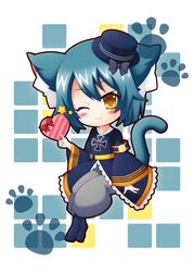  animal_ears animal_print azur_lane black_dress blue_hair box cat_ears cat_girl cat_print cross dress female gift gift_box hat heart-shaped_box highres holding holding_box iron_cross kappei looking_at_viewer meowfficer_(azur_lane) mini_hat one_eye_closed simple_background solo steel_(azur_lane) wide_sleeves yellow_eyes 