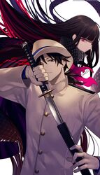  1boy black_hair black_scarf blue_shirt blunt_bangs closed_mouth fate/grand_order fate_(series) female fighting_stance floating floating_hair fucodoku gloves hair_over_one_eye hat head_tilt highres holding holding_sword holding_weapon jacket koha-ace long_hair long_sleeves looking_at_viewer low_ponytail multicolored_hair oryou_(fate) ponytail red_eyes red_hair sakamoto_ryouma_(fate) scarf serious sheath shirt sword unsheathing upper_body very_long_hair weapon white_background white_gloves white_headwear white_jacket 