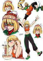  arms_(game) beanie blonde_hair blunt_bangs blush blush_stickers bowl breasts chopsticks cleavage collage dragon_(arms) eating female food green_eyes hair_flip hat highres kamaboko kicking knit_hat meandros medium_breasts min_min_(arms) multiple_views narutomaki noodles nose_blush orange_sports_bra pants photoshop_(medium) ramen ryuusei_(mark_ii) shoes short_eyebrows short_hair signature sneakers sports_bra sportswear thick_eyebrows track_pants 