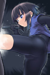  ass bike_shorts black_background black_gloves black_hair blue_eyes blue_shirt closed_mouth dagger female flying_sweatdrops gloves highres holding holding_dagger holding_knife holding_weapon idolmaster idolmaster_cinderella_girls kicking knife long_sleeves m.m reverse_grip shirayuki_chiyo shirt short_hair solo sweat v-shaped_eyebrows weapon 