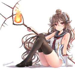  alternate_costume arknights artist_name bare_arms bare_shoulders black_footwear black_thighhighs breasts brown_hair commentary eyjafjalla_(arknights) female fire highres holding holding_staff horns knees_up long_hair looking_at_viewer mary_janes necktie originium_arts_(arknights) red_eyes red_necktie sheep_horns shoes simple_background sitting sleeveless small_breasts smile sob_(submar1089) solo staff thighhighs thighs twitter_username very_long_hair 