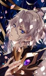  1boy artist_name blue_eyes chinese_clothes close-up fate/grand_order fate_(series) fingerless_gloves gloves grey_hair hair_between_eyes highres holding horned_mask light light_particles long_sleeves looking_at_viewer male_focus mask open_mouth parted_lips petals prince_of_lan_ling_(fate) pvc_parfait solo twintails unworn_mask upper_body 