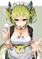  apron breasts brown_choker choker cleavage commentary_request dragon_girl dragon_horns dragon_tail duel_monster female green_eyes green_hair green_horns green_sash green_tail green_wings hair_rings highres horns lace-trimmed_apron lace_trim large_breasts looking_at_viewer maid maid_apron maid_headdress mimikaki parlor_dragonmaid sash se-u-ra solo tail wings wrist_cuffs yellow_eyes yu-gi-oh! 