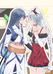  2girls bare_shoulders braid chinese_clothes closed_eyes closed_mouth dress dumpling food fu_hua fu_hua_(azure_empyrea) fu_hua_(taixuan_impression) grin headband heart highres holding holding_food holding_tray honkai_(series) honkai_impact_3rd irisxu2624 kiana_kaslana long_hair long_sleeves looking_at_another multiple_girls open_mouth pinafore_dress red_dress sleeveless sleeveless_dress smile teeth tray twin_braids white_hair yuri 