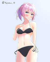  bikini black_bikini blue_eyes breasts cleavage commentary_request female grey_background hand_on_own_chest kantai_collection looking_at_viewer navel pink_hair ponytail shiranui_(kancolle) short_hair side-tie_bikini_bottom simple_background small_breasts solo swimsuit toyomi_13 twitter_username 