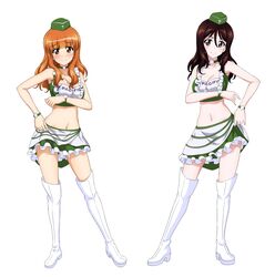  2girls alternate_costume bare_shoulders blunt_bangs blush boots breasts brown_eyes brown_hair choker cleavage closed_mouth collarbone crop_top frilled_skirt frills girls_und_panzer high_heel_boots high_heels highres key_(gaigaigai123) large_breasts legs_apart long_hair looking_at_viewer megumi_(girls_und_panzer) midriff multiple_girls navel pacific_racing_team race_queen simple_background skirt smile standing takebe_saori thigh_boots thighs white_background white_footwear 