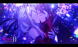  1boy 86_-eightysix- bare_shoulders black_hair black_jacket bubble closed_eyes commentary couple dress elbow_gloves english_text female fireworks gloves hand_on_another&#039;s_cheek hand_on_another&#039;s_face highres jacket kagura_kurosaki kissing lens_flare letterboxed long_hair official_alternate_costume official_alternate_hairstyle purple_theme red_dress red_gloves shinei_nouzen short_hair sleeveless sleeveless_dress straight upper_body vladilena_millize white_gloves white_hair 