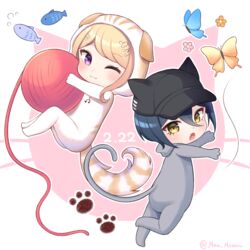  1boy :3 :o ahoge akamatsu_kaede animal_costume animal_ears bangs banned_artist black_hair black_headwear blonde_hair blush bug butterfly cat_costume cat_day cat_ears cat_tail chibi commentary_request danganronpa_(series) danganronpa_v3:_killing_harmony dated eyebrows_visible_through_hair fake_animal_ears fake_tail female fish floral_print hair_ornament holding insects long_hair looking_at_viewer musical_note_hair_ornament nabekokoa oerba_yun_fang one_eye_closed paw_print_background saihara_shuuichi short_hair smile tail 