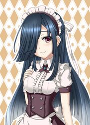  apron black_hair blush closed_mouth commentary_request corset female hair_over_one_eye hand_on_own_chest hayashimo_(kancolle) kantai_collection karuna_(madlax) long_hair looking_at_viewer maid maid_headdress purple_eyes smile solo upper_body waist_apron white_apron white_headdress 