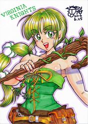  bare_shoulders belt bow breasts dated female gengoro_akemori green_eyes green_hair long_hair looking_at_viewer multi-tied_hair nail_polish open_mouth ponytail ribbon saga saga_frontier_2 simple_background smile solo very_long_hair virginia_knights weapon white_background 