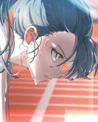  absurdres bare_shoulders blue_eyes blue_hair commentary eyelashes female forehead hair_strand highres leaning_forward lips looking_ahead natsume_hinako original outdoors outstretched_arms playing_sports ponytail portrait profile running_track serious solo sweat sweatdrop yellow_eyes 