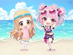  2girls ahoge beach bikini blue_hair blue_sky blush breasts chibi cleavage cloud commentary_request day euphoniummatsu eyewear_on_head fangs flat_chest full_body hand_up highres holding_hands ichihara_nina idolmaster idolmaster_cinderella_girls index_finger_raised jacket large_breasts light_brown_hair long_hair long_sleeves looking_at_viewer medium_hair midriff multicolored_hair multiple_girls ocean one-piece_swimsuit open_mouth outdoors pink_eyes pink_hair pink_jacket pointing pointing_at_viewer purple_bikini sandals sidelocks signature sky smile standing standing_on_one_leg striped_clothes striped_headwear striped_one-piece_swimsuit sunglasses swim_cap swimsuit track_jacket translated two-tone_hair water yellow_eyes yellow_headwear yellow_one-piece_swimsuit yumemi_riamu 