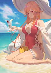  azur_lane bad_id bad_pixiv_id beach blue_sky breasts casual_one-piece_swimsuit cleavage closed_mouth cloud cocktail cocktail_glass covered_navel cross-laced_clothes cross-laced_one-piece_swimsuit cup day drinking_glass female food frilled_one-piece_swimsuit frills from_side fruit hair_between_eyes hat highleg highleg_swimsuit highres holding holding_cup jmao large_breasts long_hair looking_at_viewer manjuu_(azur_lane) ocean official_alternate_costume one-piece_swimsuit orange_hair outdoors parfait purple_eyes red_one-piece_swimsuit richelieu_(azur_lane) richelieu_(fleuron_of_the_waves)_(azur_lane) sand sidelocks sitting sky smile solo sun_hat sunlight swimsuit very_long_hair wariza water white_hat 