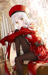  beret black_bow black_pantyhose blush bow caren_hortensia caren_hortensia_(amor_caren) caren_hortensia_(amor_caren)_(second_ascension) chromatic_aberration fate/grand_order fate_(series) female hat highres hugging_own_legs jewelry kinokohime knee_up legs long_hair long_sleeves looking_at_viewer pantyhose pleated_skirt red_hat red_shirt red_skirt ribbon shirt sitting skirt solo tassel white_hair yellow_eyes 