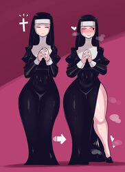  absurdres arrow_(symbol) blush breasts commentary_request cross curvy female habit heart high_heels highres legs long_legs looking_to_the_side minami_aomori multiple_views nun one_eye_closed original own_hands_together pink_background shadow simple_background smile steam sweat thick_thighs thighs wide_hips 